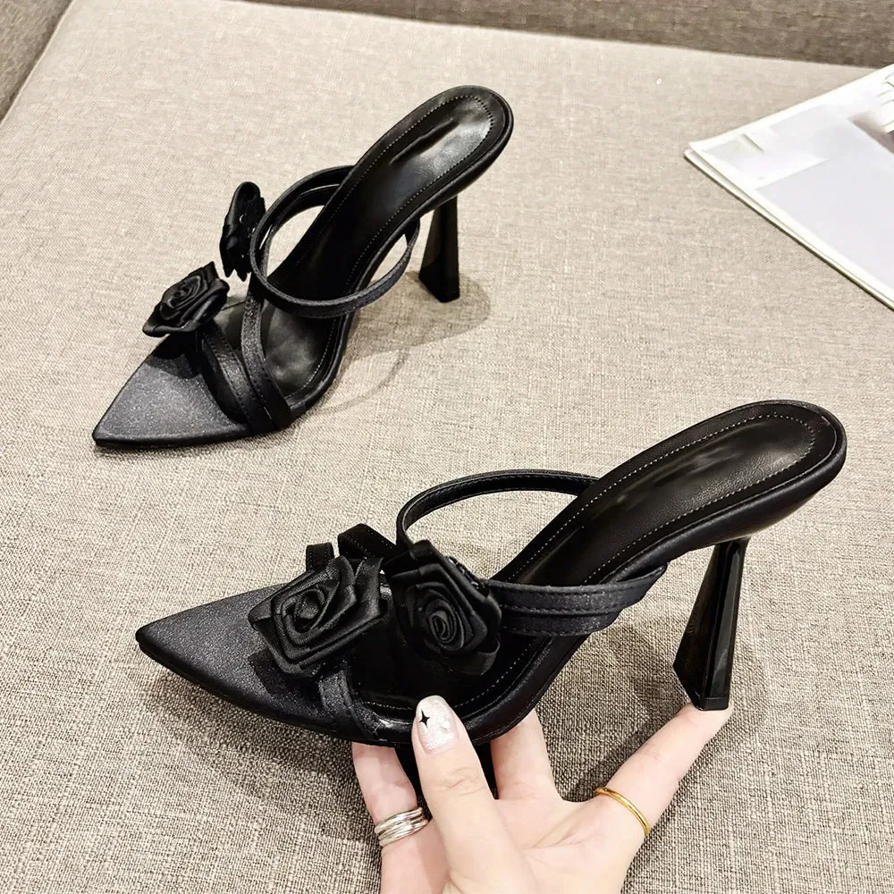 binfenxie 2024 Summer New Fashion Pointed Flower Sexy Sandals Stiletto High Heels Sexy Runway Slippers Women Elegant Banquet Shoes