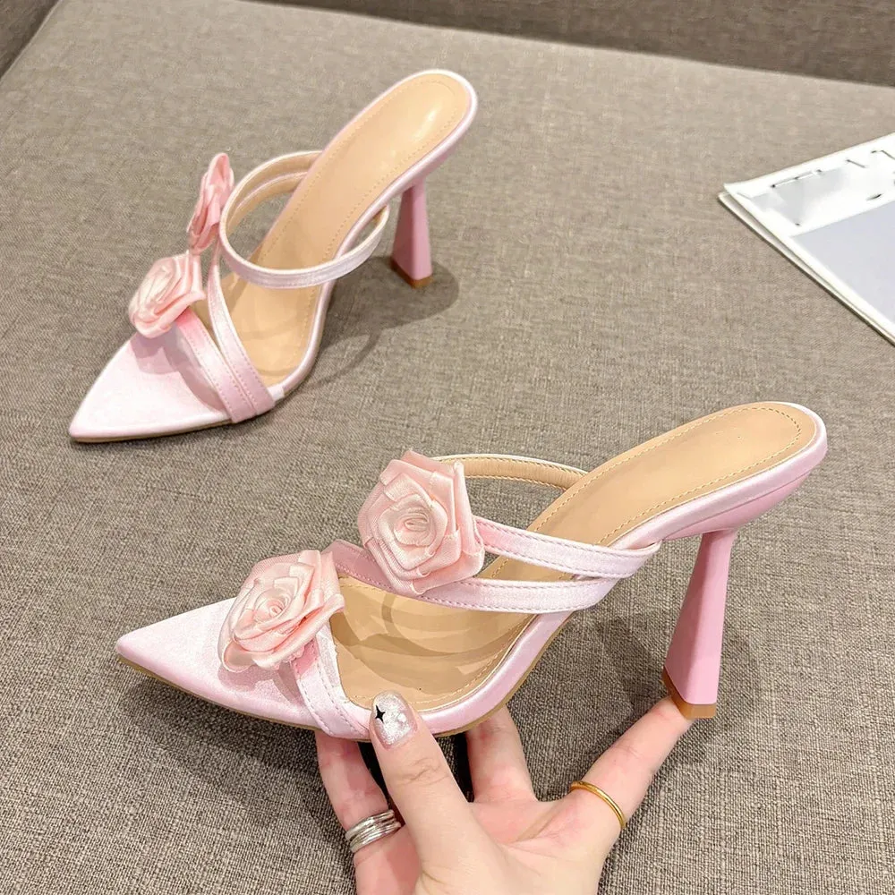 binfenxie 2024 Summer New Fashion Pointed Flower Sexy Sandals Stiletto High Heels Sexy Runway Slippers Women Elegant Banquet Shoes