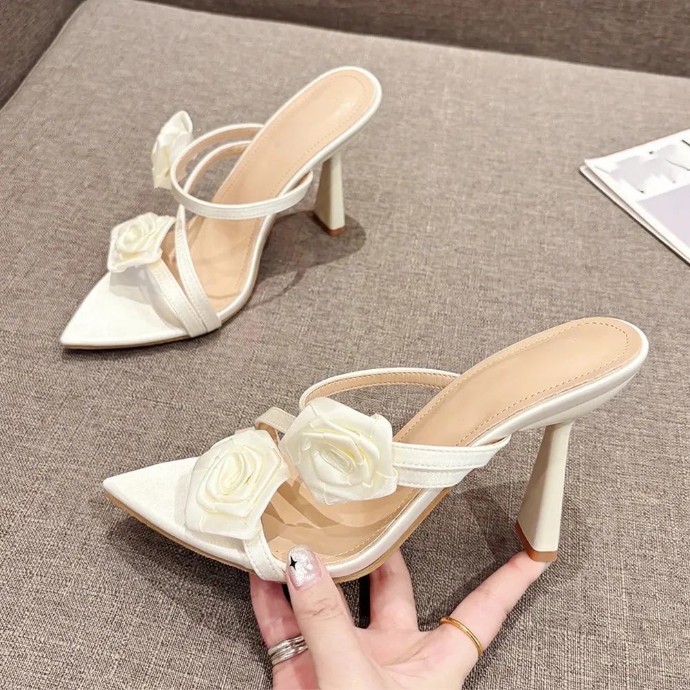 binfenxie 2024 Summer New Fashion Pointed Flower Sexy Sandals Stiletto High Heels Sexy Runway Slippers Women Elegant Banquet Shoes