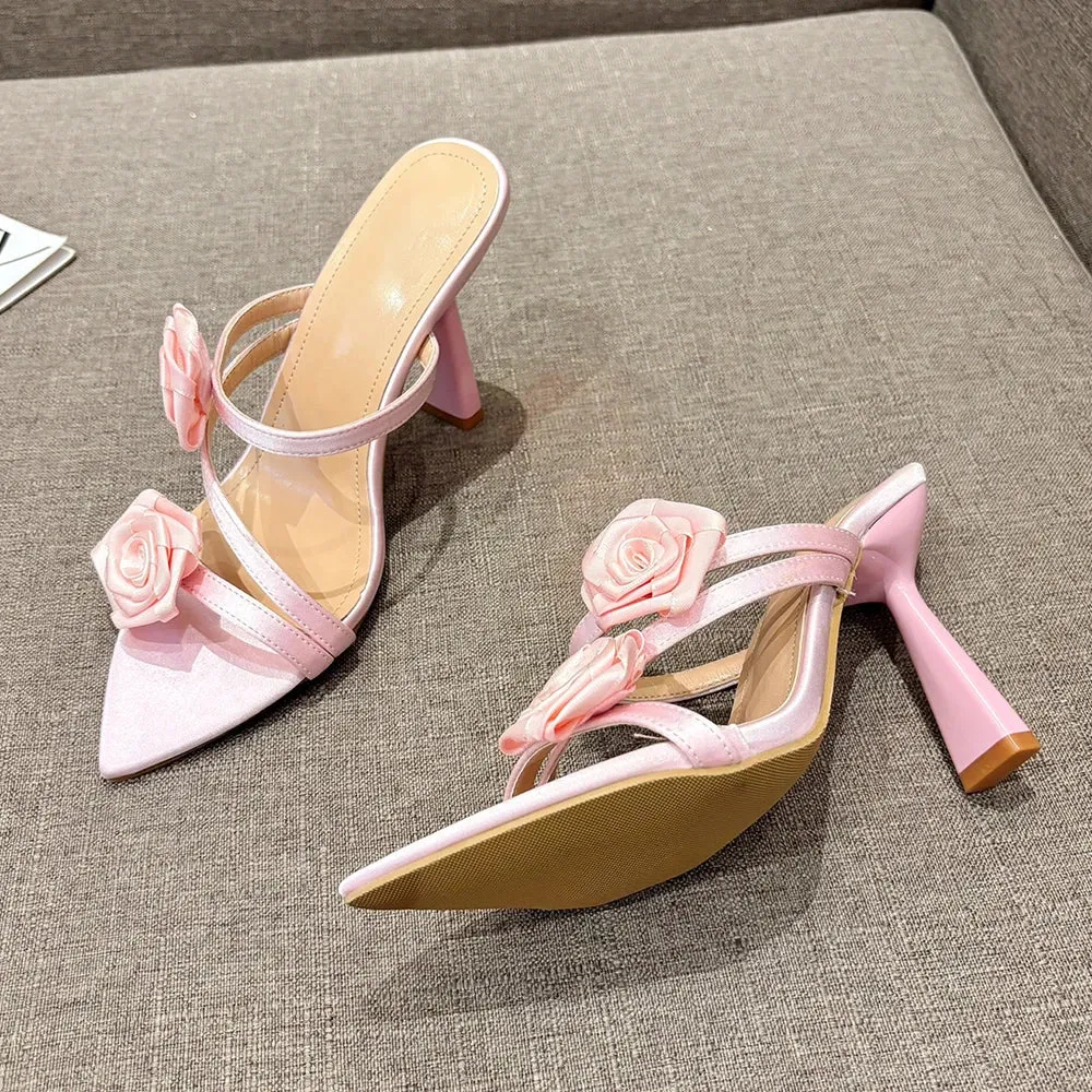 binfenxie 2024 Summer New Fashion Pointed Flower Sexy Sandals Stiletto High Heels Sexy Runway Slippers Women Elegant Banquet Shoes