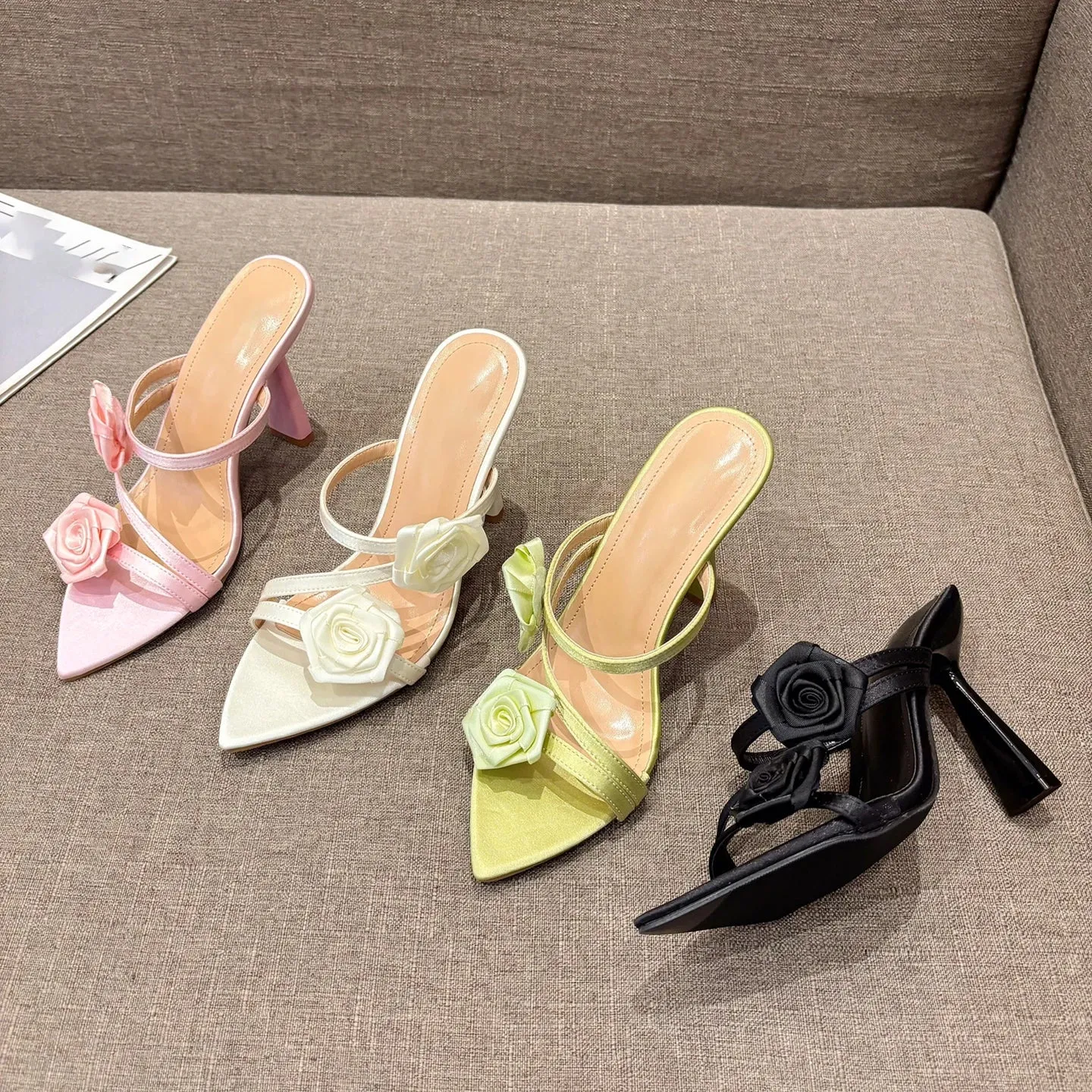 binfenxie 2024 Summer New Fashion Pointed Flower Sexy Sandals Stiletto High Heels Sexy Runway Slippers Women Elegant Banquet Shoes