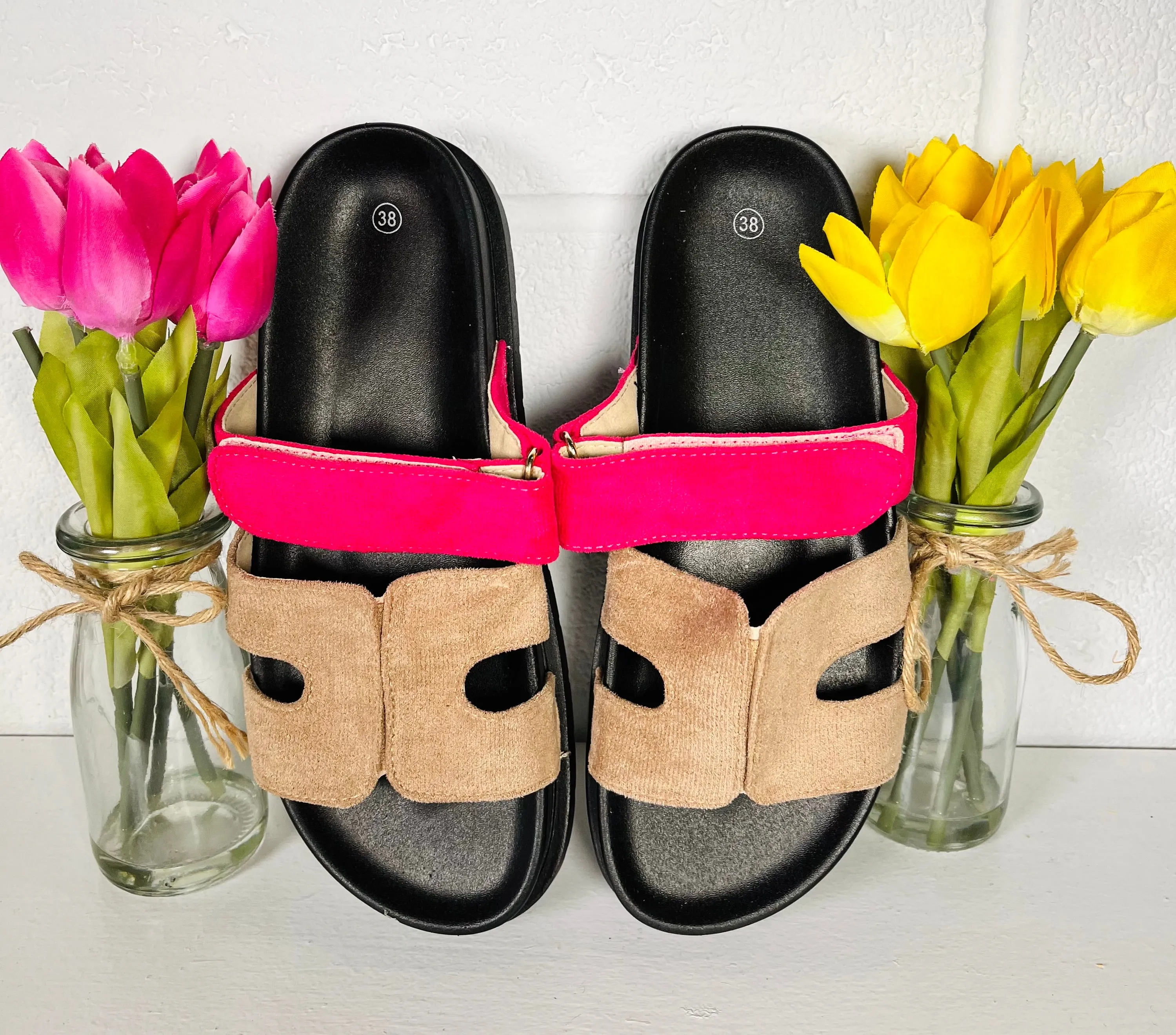 Colour Block Slip On Sandals - Fuchsia