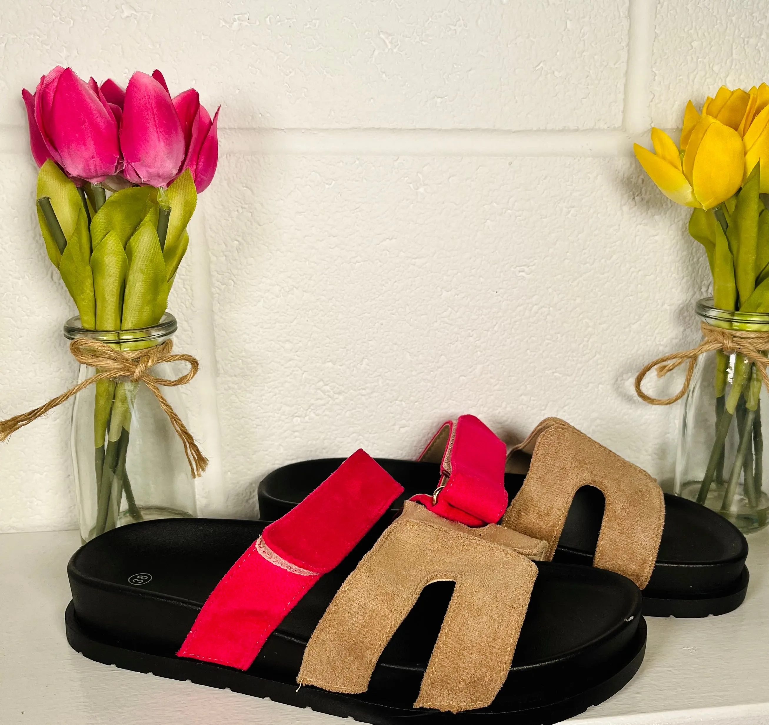 Colour Block Slip On Sandals - Fuchsia