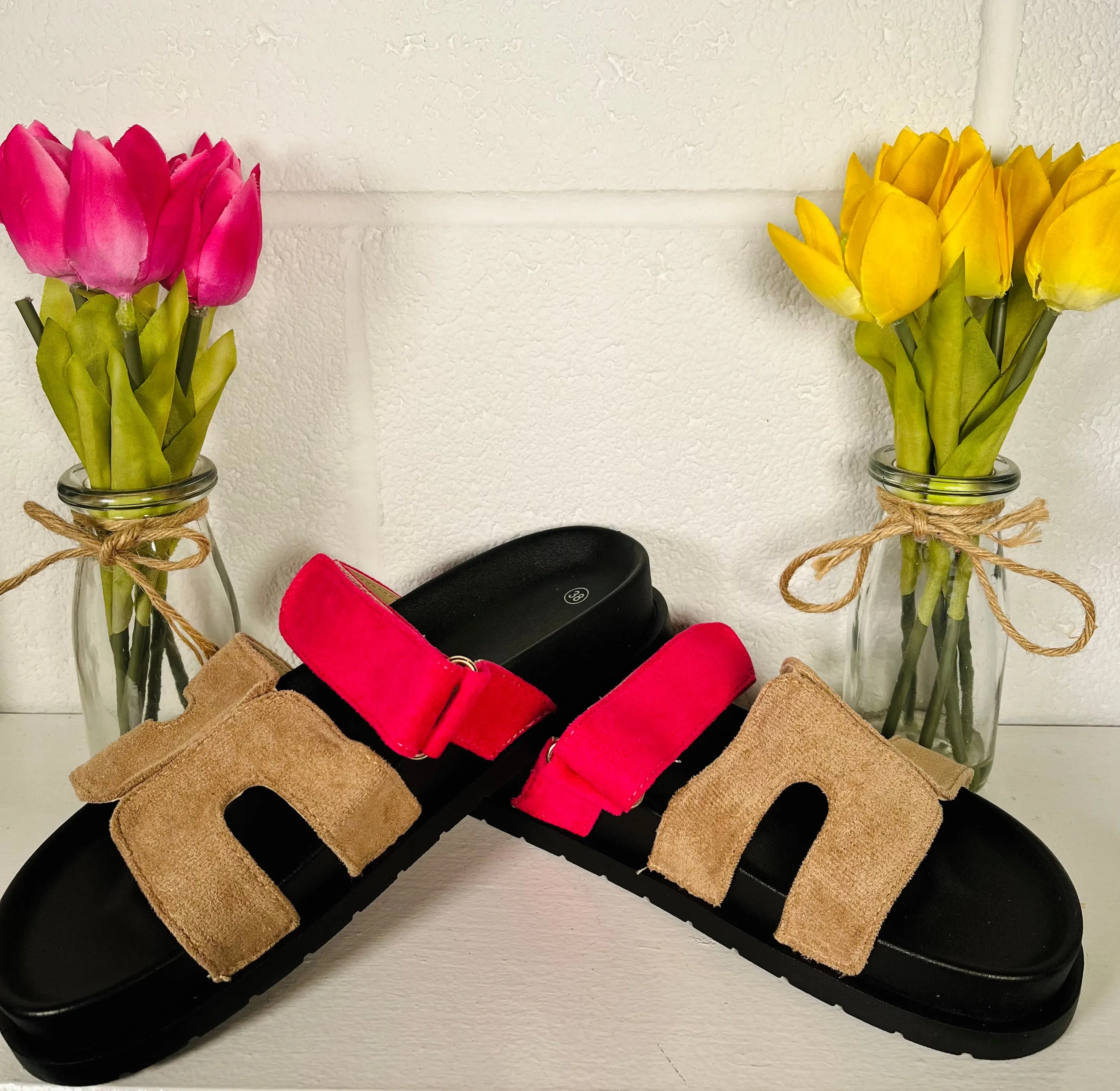 Colour Block Slip On Sandals - Fuchsia