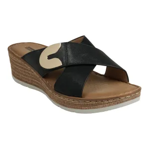 Demi Black Cross Strap Hardware Wedge Sandals