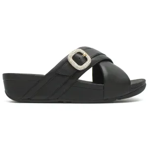 FitFlop Lulu Crystal Buckle Cross Slides Leather Women's Slip On Sandals