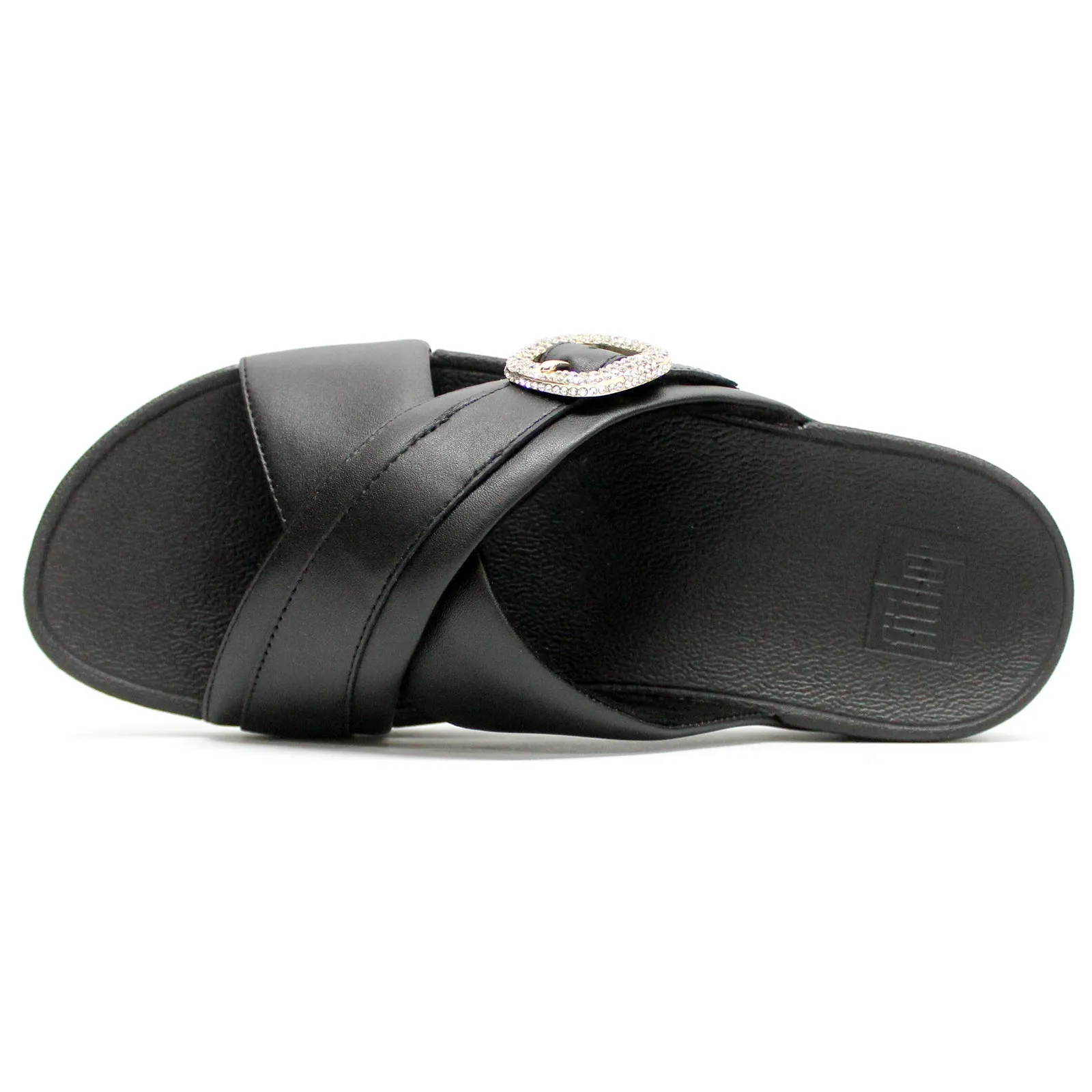 FitFlop Lulu Crystal Buckle Cross Slides Leather Women's Slip On Sandals