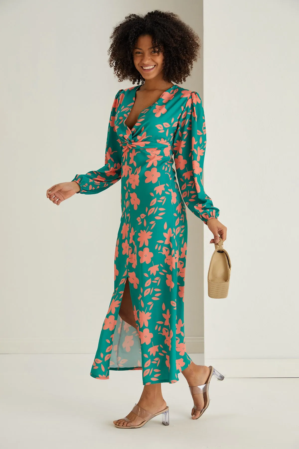 Jade Chic Twist Midi Dress in Floral Print