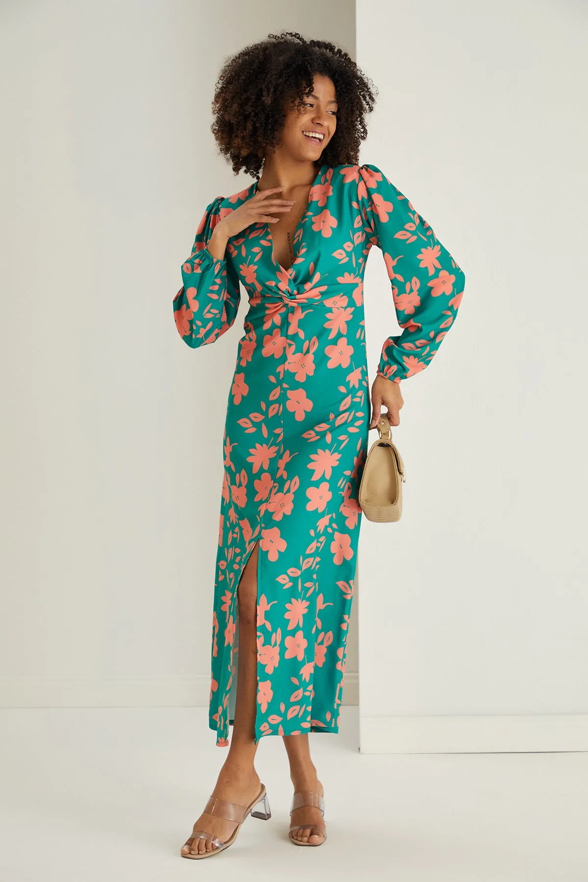 Jade Chic Twist Midi Dress in Floral Print