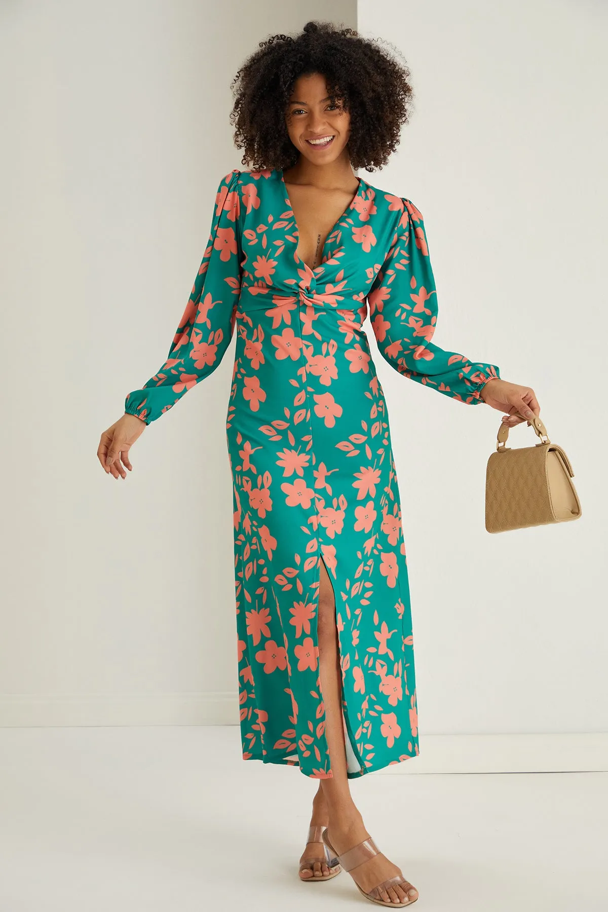 Jade Chic Twist Midi Dress in Floral Print