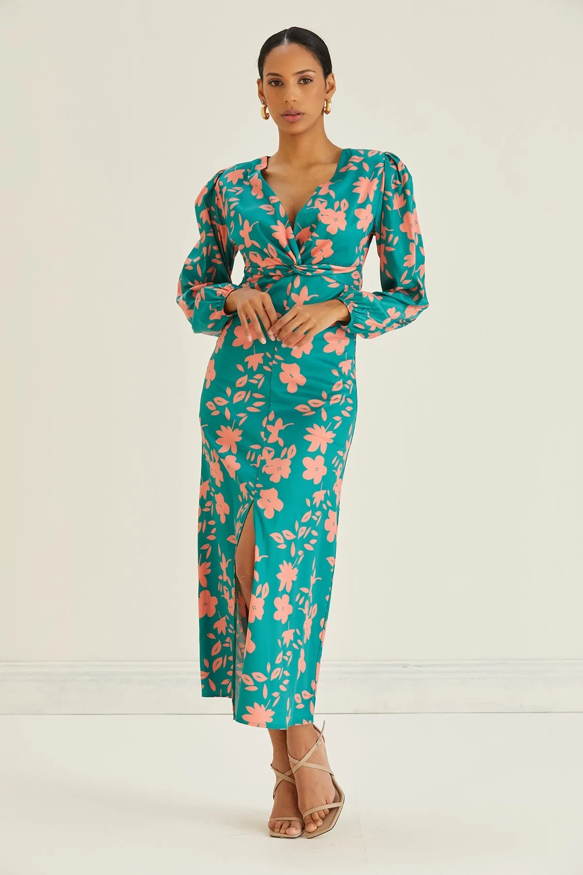 Jade Chic Twist Midi Dress in Floral Print