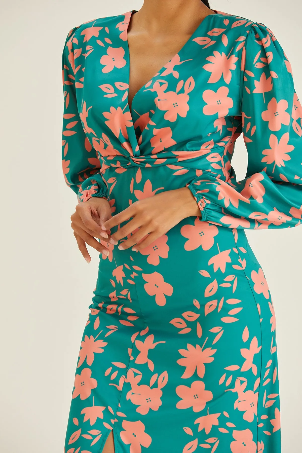 Jade Chic Twist Midi Dress in Floral Print