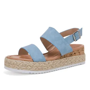 LAICIGO Open Toe Wedge Platform Espadrilles Ankle Strap Buckle Faux Leather Cork Rubber Summer Sandals