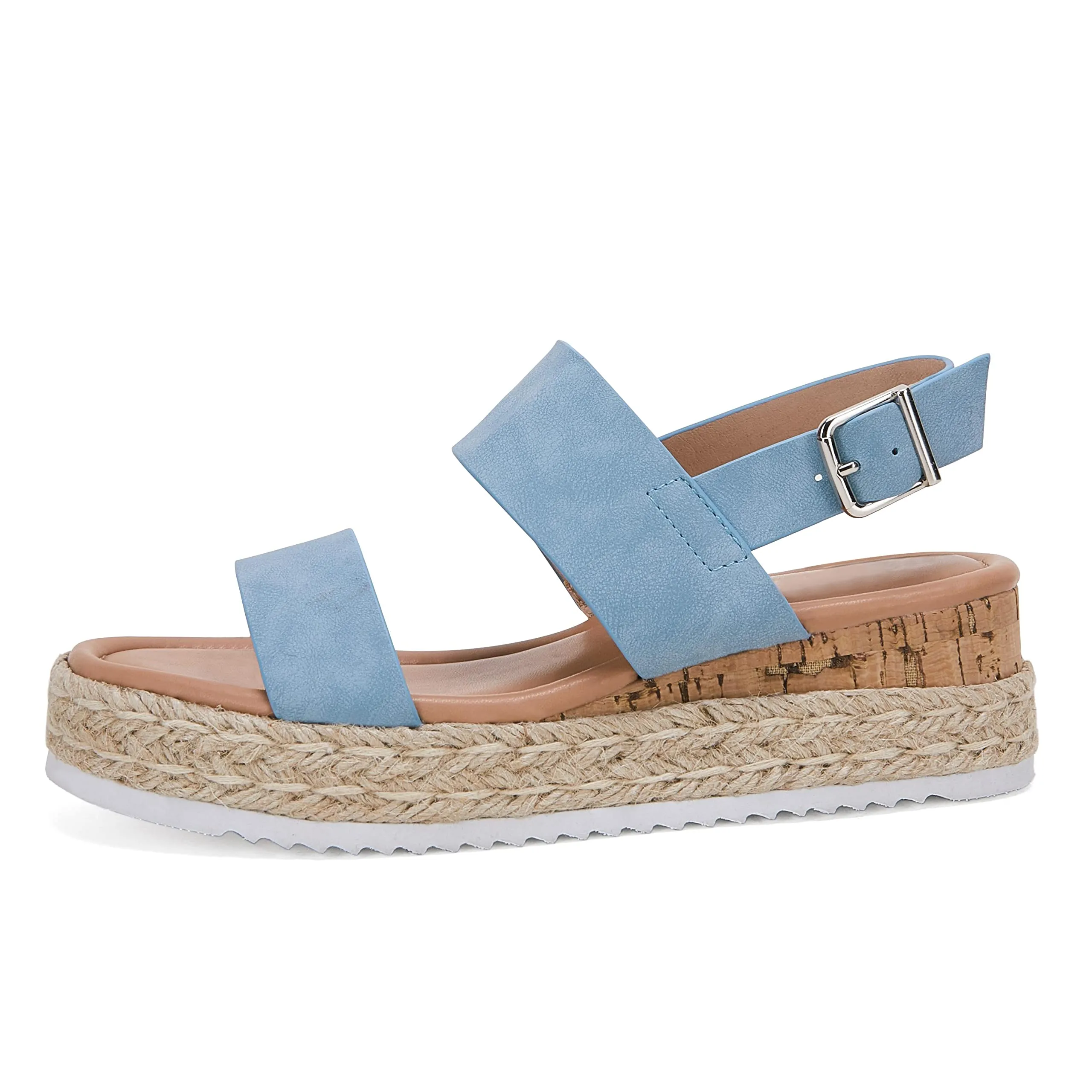 LAICIGO Open Toe Wedge Platform Espadrilles Ankle Strap Buckle Faux Leather Cork Rubber Summer Sandals