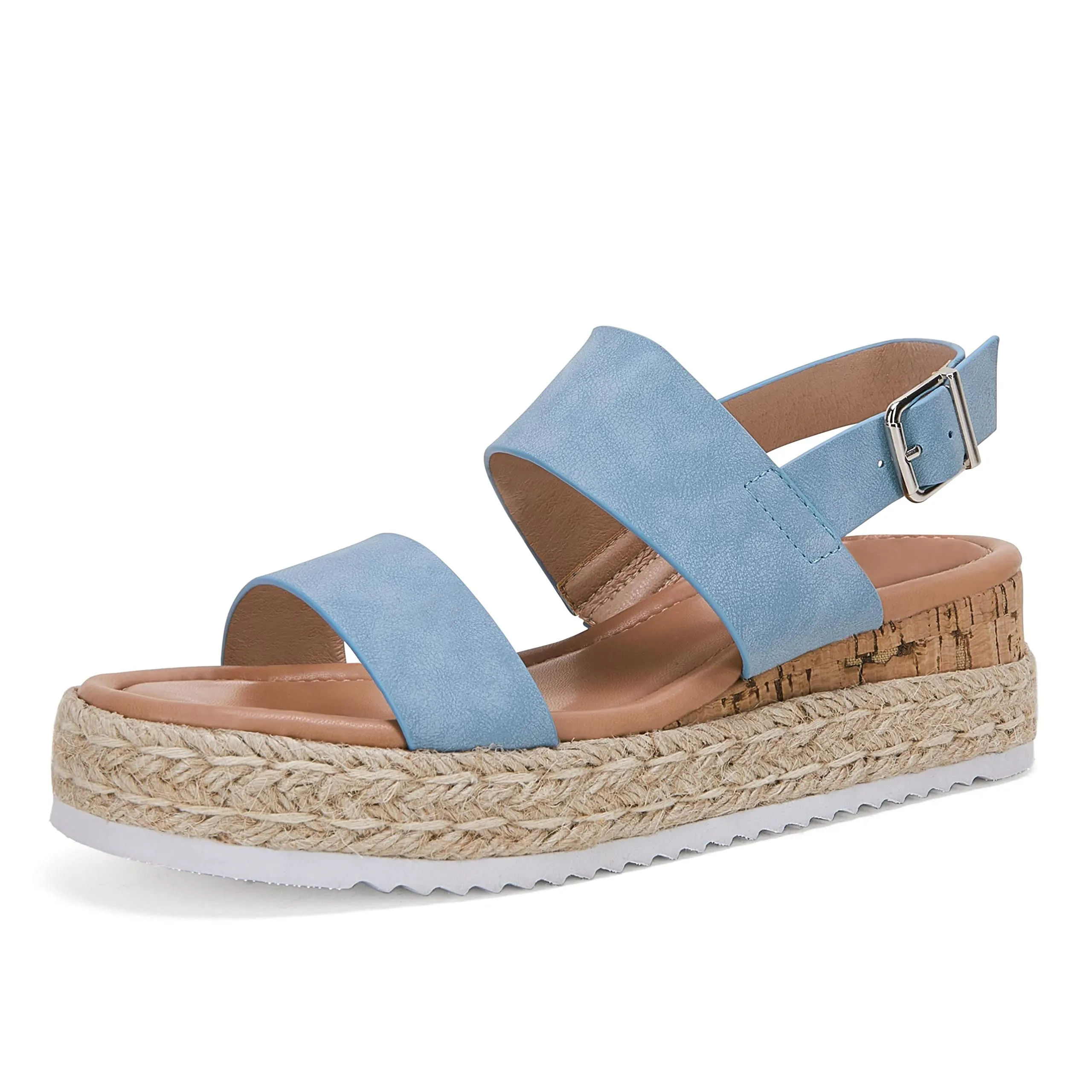 LAICIGO Open Toe Wedge Platform Espadrilles Ankle Strap Buckle Faux Leather Cork Rubber Summer Sandals