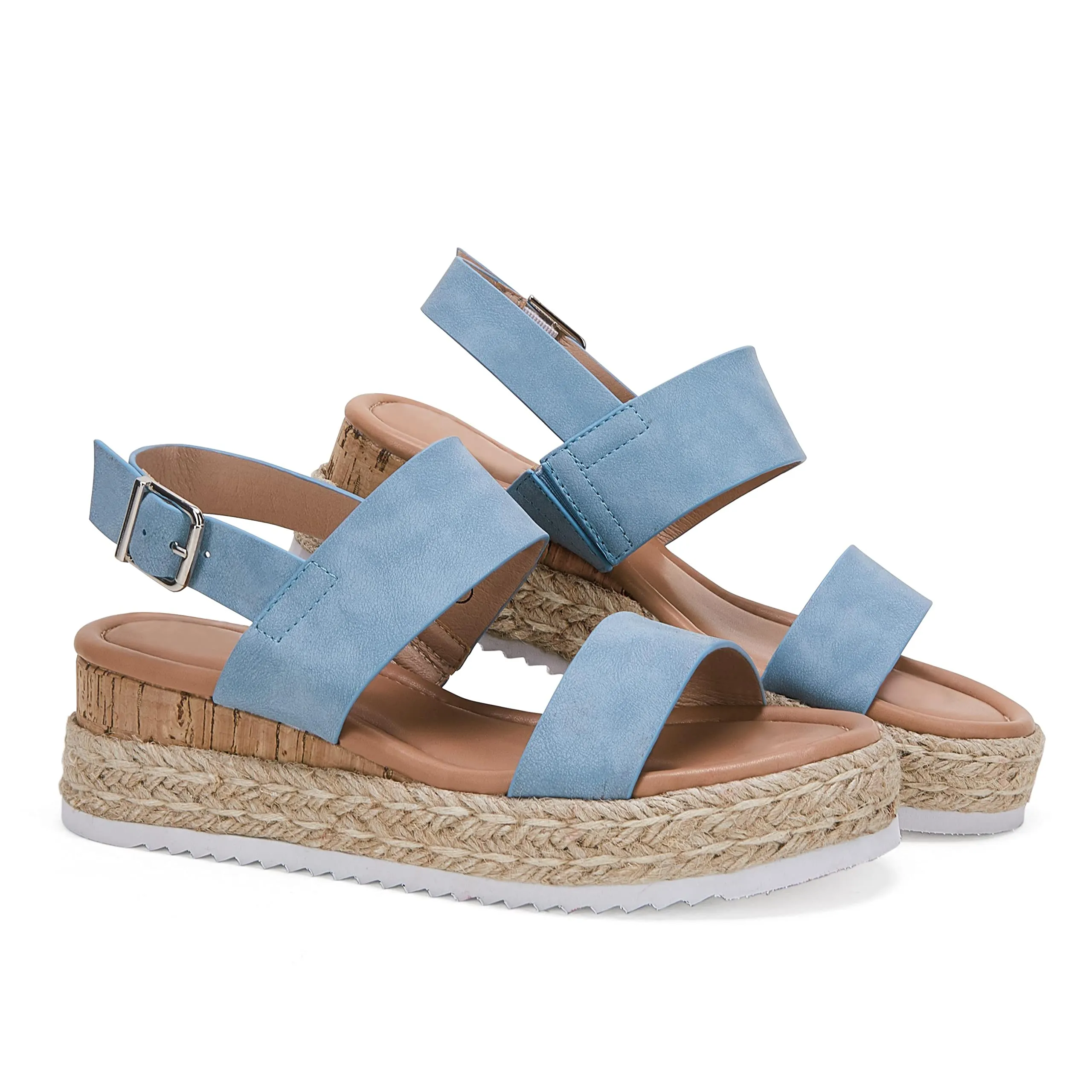 LAICIGO Open Toe Wedge Platform Espadrilles Ankle Strap Buckle Faux Leather Cork Rubber Summer Sandals