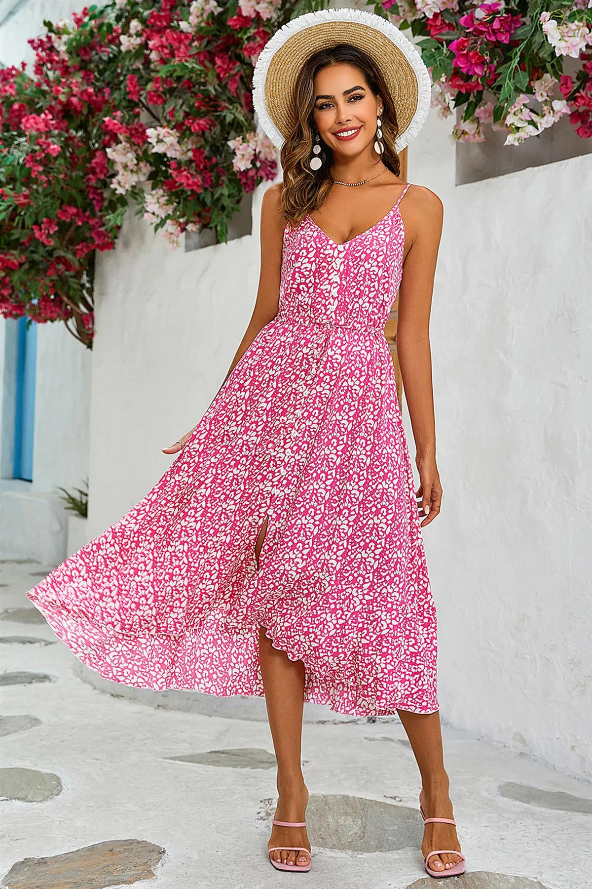 Leopard Print Button Down High Low Strappy Dress In Fuchsia Pink