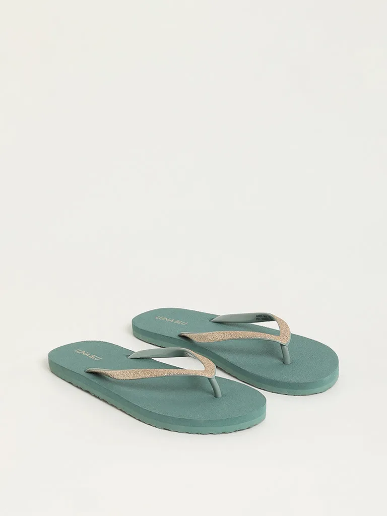 LUNA BLU Dark Green Shimmer-Detailed Flip-Flops