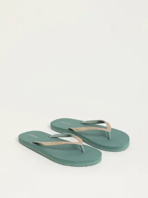 LUNA BLU Dark Green Shimmer-Detailed Flip-Flops