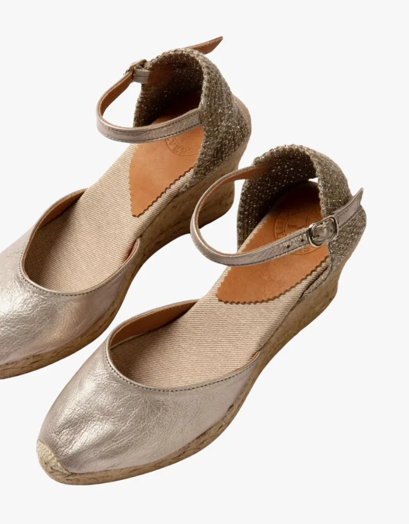 Penelope Chilvers High Mary Jane Metallic Leather Espadrilles in Pewter