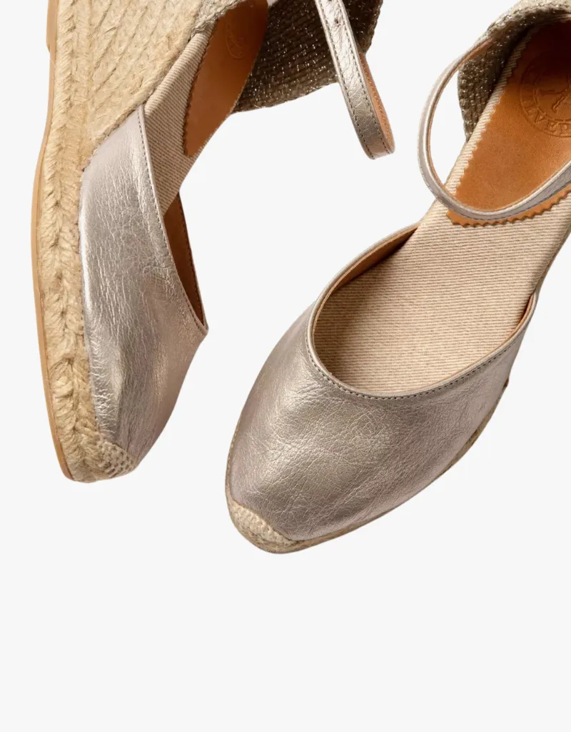 Penelope Chilvers High Mary Jane Metallic Leather Espadrilles in Pewter