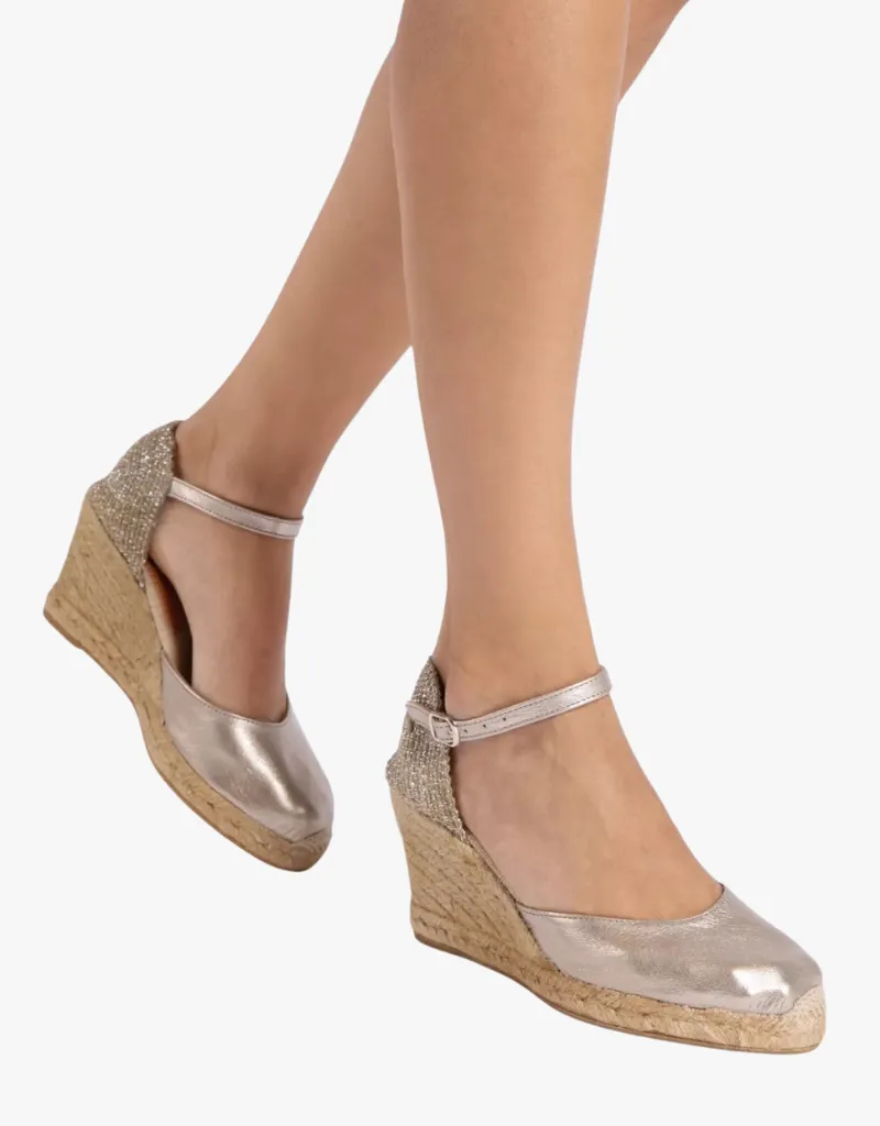 Penelope Chilvers High Mary Jane Metallic Leather Espadrilles in Pewter