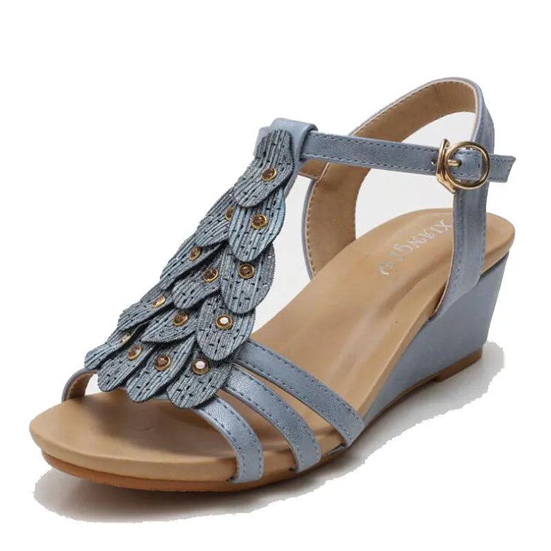 Plus Size Floral Elegant Platform Wedges Sandals Women Shoes Summer Medium Heel Gladiator Sandals Casual Beach  Sandals