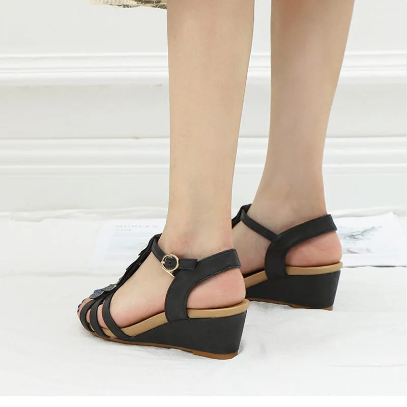 Plus Size Floral Elegant Platform Wedges Sandals Women Shoes Summer Medium Heel Gladiator Sandals Casual Beach  Sandals