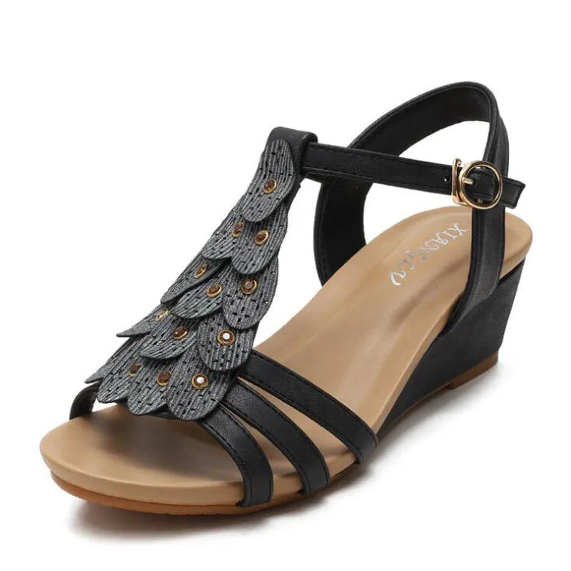 Plus Size Floral Elegant Platform Wedges Sandals Women Shoes Summer Medium Heel Gladiator Sandals Casual Beach  Sandals