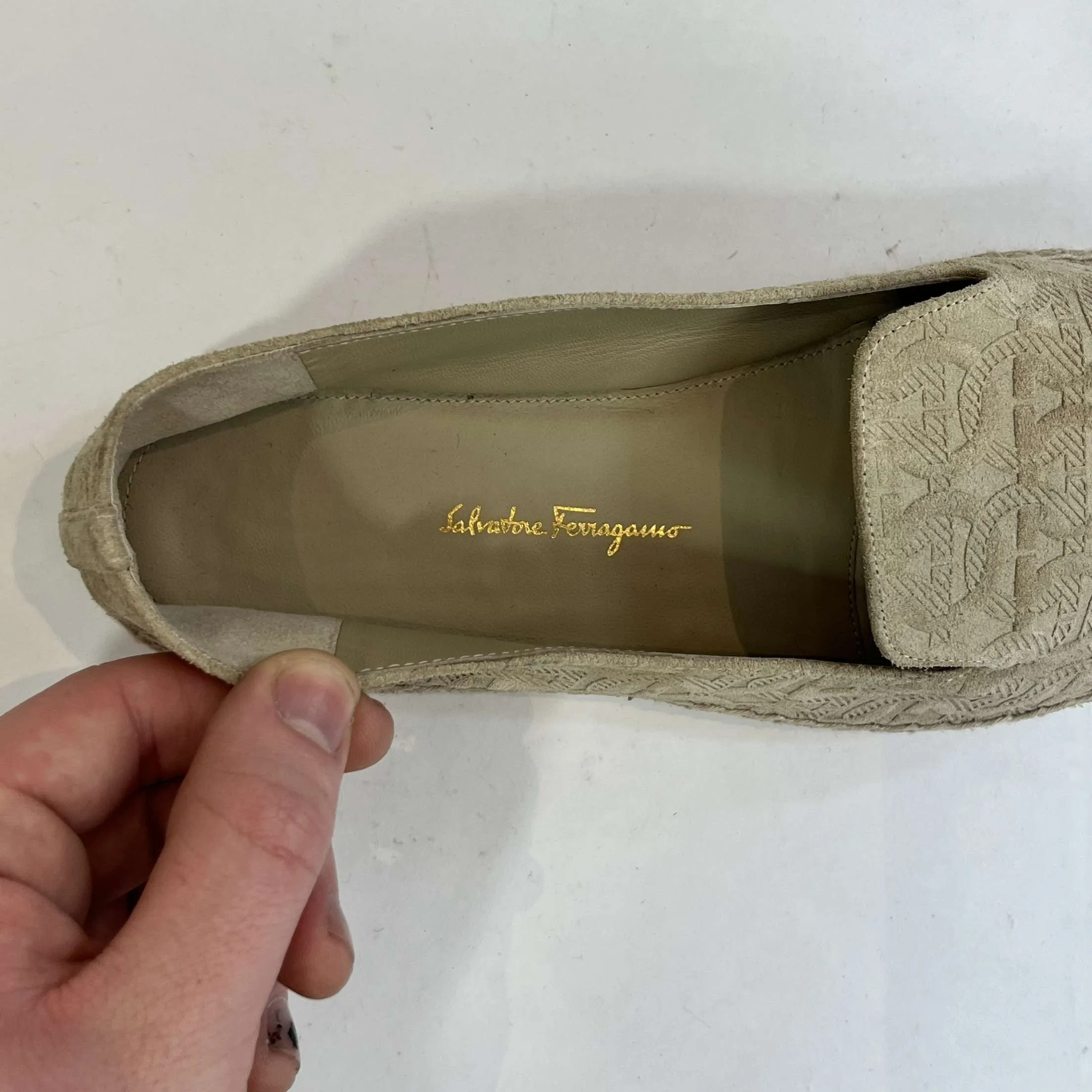 Salvatore Ferragamo £365 Embossed Tan Suede Espadrilles 38