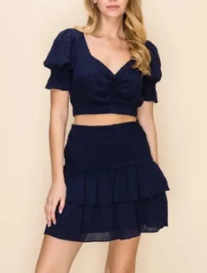 Swiss Dot Smocked Tiered Ruffle Mini Skirt