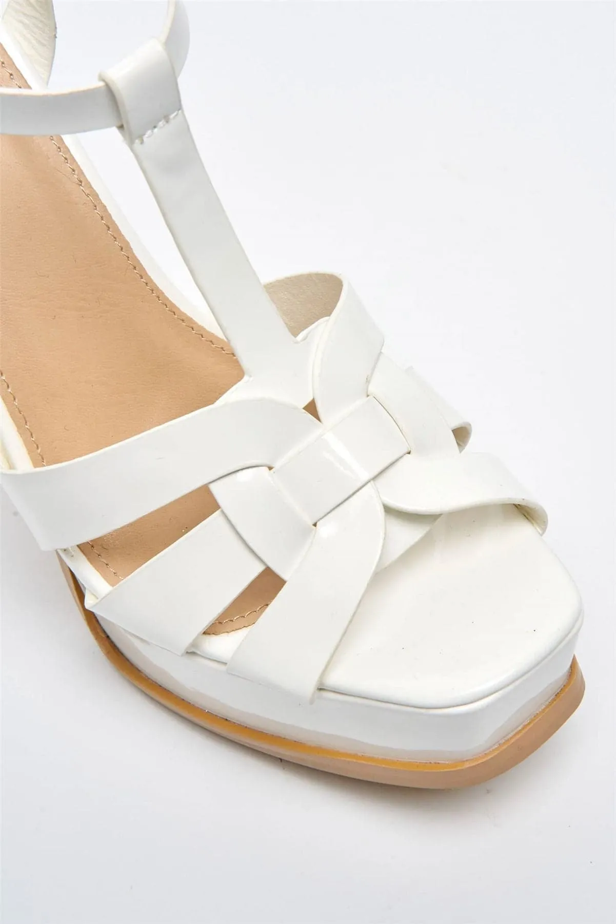 Tani High Platform T-Bar Sandals in White Patent