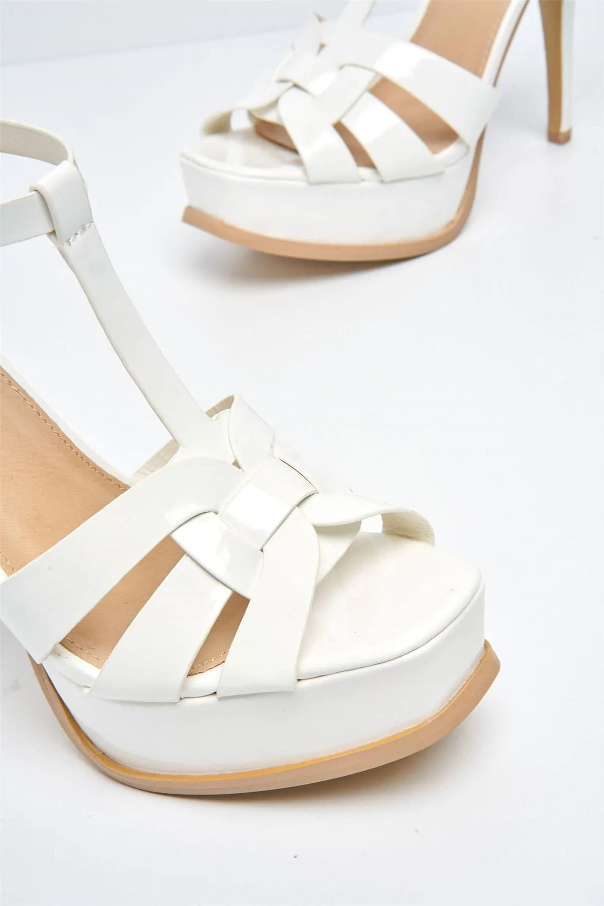 Tani High Platform T-Bar Sandals in White Patent