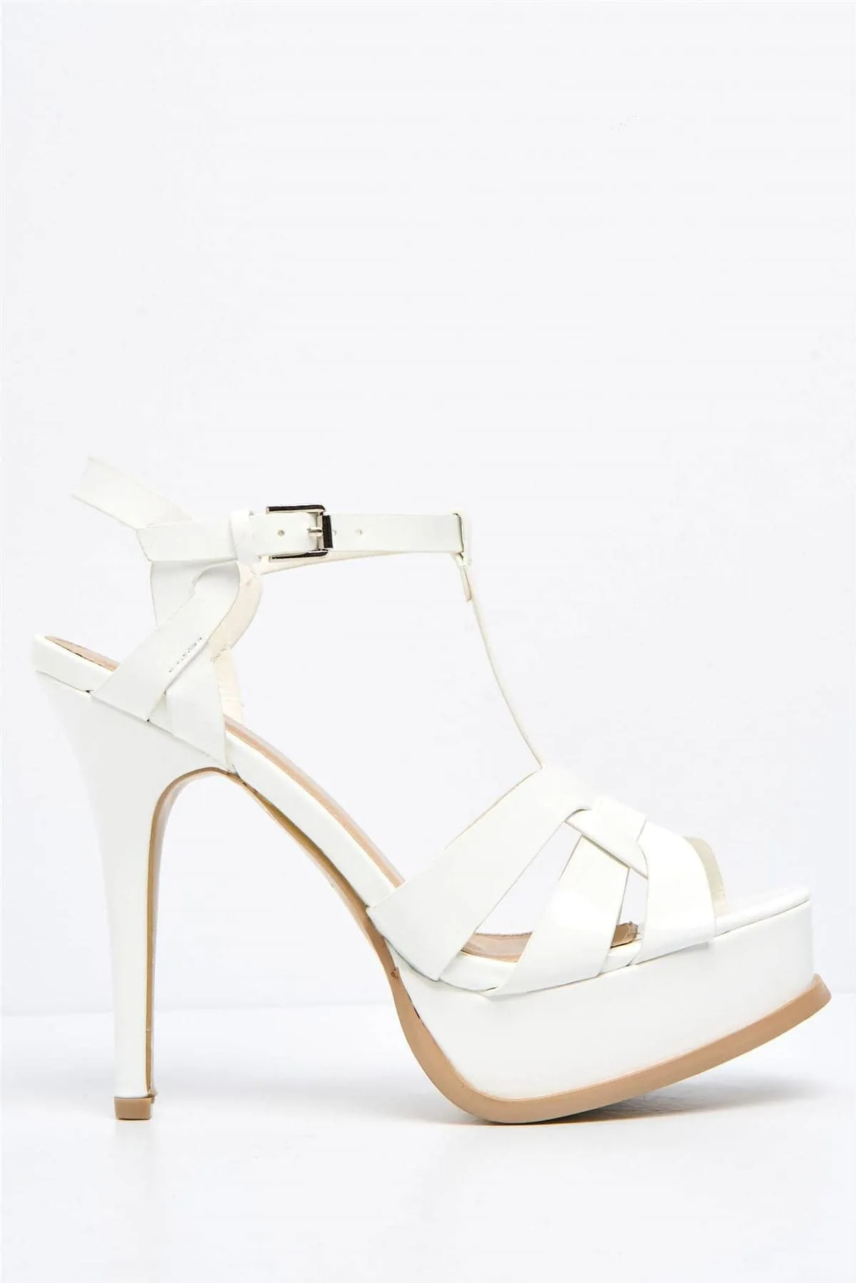 Tani High Platform T-Bar Sandals in White Patent