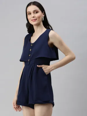 Women V-Neck Solid Navy Blue Playsuit