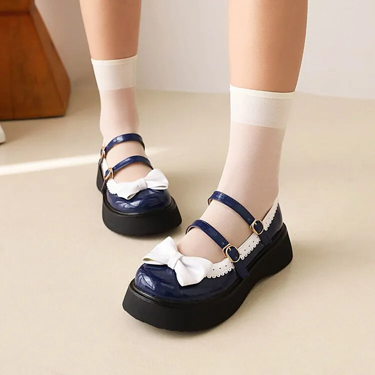 Women's Bow Tie Mary Janes Shallow Flat Platform Pumps