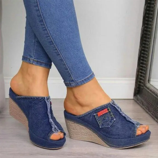 Women'S Open Toe Denim Wedge Sandals 52679077