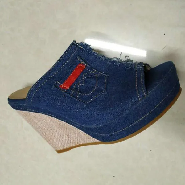 Women'S Open Toe Denim Wedge Sandals 52679077