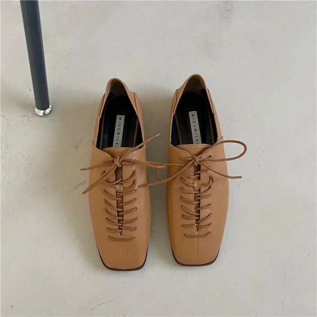 xiangtuibao  Bailamos  Women Flats Lace Up Ladies Square Toe Flat Heel Sandals Spring Loafers Shoes  Casual Oxford Shoes Female Flats Sli